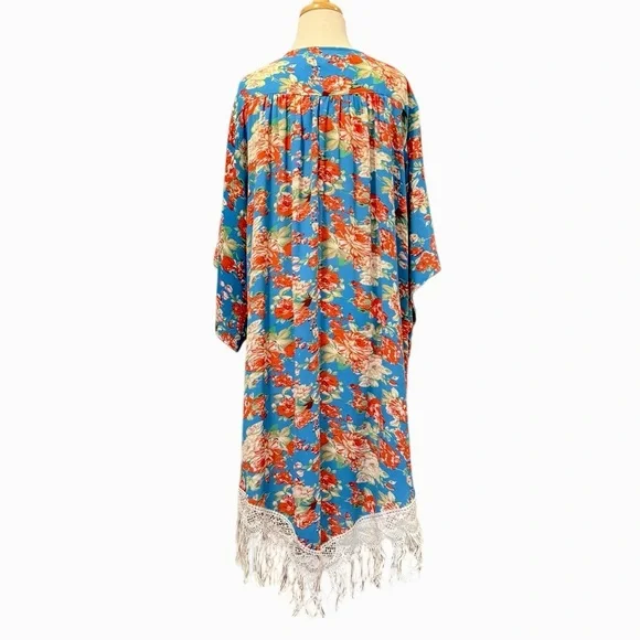 Umgee Cobalt Blue Red Floral Fringed Open Front Boho Kimono Coverup Medium Large - Picture 3 of 9